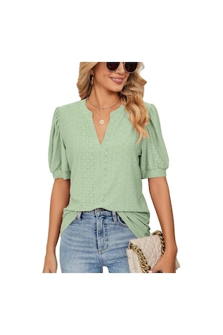 Yaz Katı Dantel Kadın Gömlek Zarif Içi Boş Puf Kısa Kollu Kazak Bluz Kadın Rahat V Yaka Gevşek Kadın Üstleri Blusas 24698 Açık Yeşil