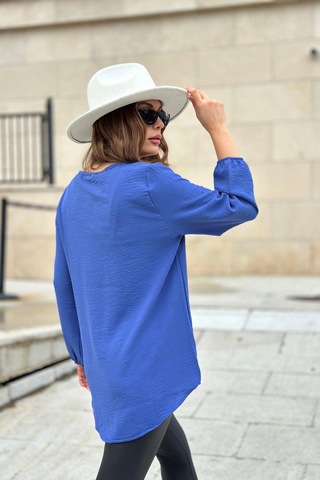 Kadın İndigo Uzun Truvakar Kol, Öpücük Yaka, Basic Kesim Bluz - Tesettüre Uygun Indigo