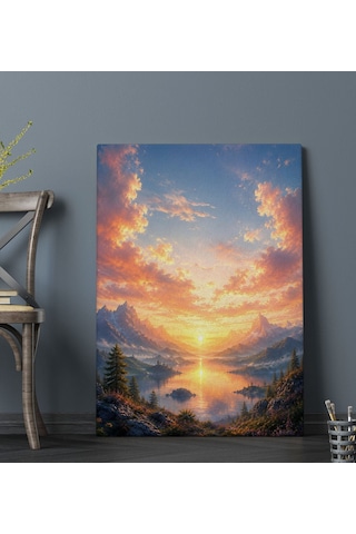 Bk Gift Gün Batımında Dağ Ve Göl Manzarası Turuncu Gökyüzü Doğa Temalı Kanvas Duvar Tablosu 50x70 Cm