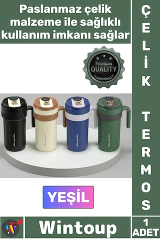 Termos Lüks Isı Sıcak Soğuk Sızdırmaz Akıllı Matara Dijital Göstergeli Kulplu Yeşil Çelik Termos Çok Renkli
