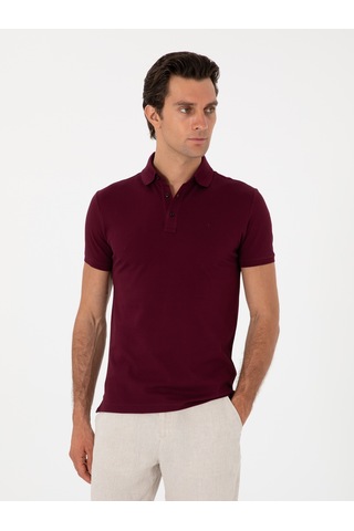 Bordo Slim Fit Polo Yaka Pamuklu Basic T-shirt Kirmizi