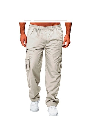 Erkek İlkbahar Ve Sonbahar Düz Paça Düz Renk Kargo Pantolon Günlük Çok Cepli Uzun Pantolon Bol Kesim Açık Hava Fitness Pantolonu Bej