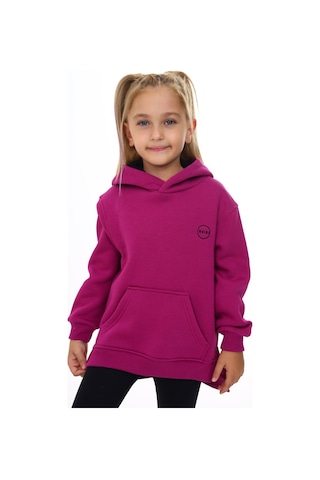 Toontoy Kız Çocuk Oversize Kapüşonlu Cepli Nakış Baskılı Yırtmaçlı Sweatshirt - 3 İplik Şardonlu Mürdüm
