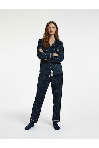 Koton Rahat Kalıp Uzun Kollu Gömlek Yaka Yıldızlı Kadife Pijama Üstü Lacivert Desenli 6wlk40172mk Lacivert Desenli