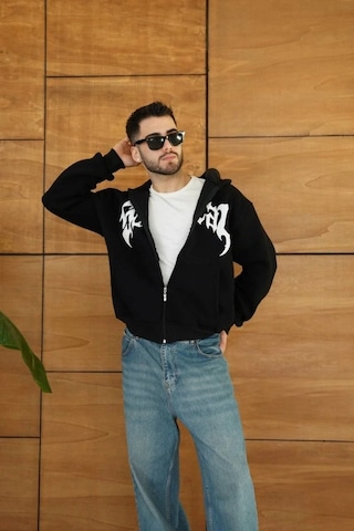 Valensdesign Erkek Kapüşonlu Sweatshirt Hoodie 3 İplik Şardonlu Pamuklu Kumaş, Önü Baskılı, Fermuarlı Rahat Kalı Siyah