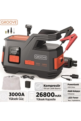 Groove Js006 26800mah 3000a Akü Takviye Cihazı + Lastik Şişirme Kompresörlü Taşınabilir Jump Starter Kompresör+powerbank+led Lamba+lcd Ekran