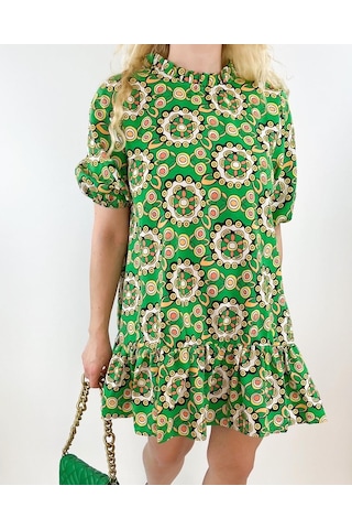 Modaonna Kadın Yeşil Etnik Desenli Kloş Elbise Yeşil