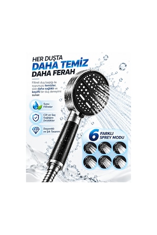 Filtreli - 981 - 6 Sprey Modlu Duş Başlığı Büyük Panel Siyah Metalik - Smglobal - Çok Fonksiyonlu