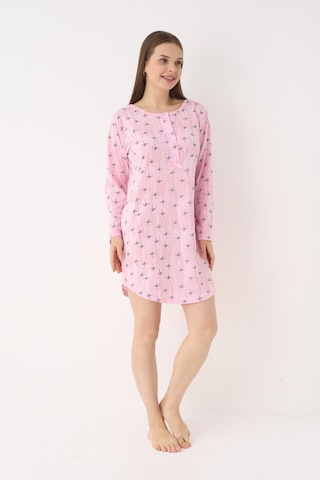 Yasar Underwear Kadın %100 Pamuk Desenli Uzun Kollu Yarım Pat Düğmeli Rahat Kesim Gecelik Pembe Pembe
