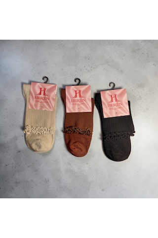 Heren Socks Heren Lastik Fırfırlı 3'lü Kadın Çorap , Fitilli Fırfırlı Kolej Boy Kiremit - Bej - Siyah