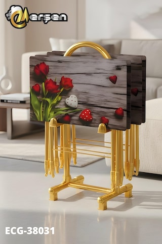 Eranş Serisi 4'lü Katlanır Cam Ahşap Kalp Ve Gül Desen Çanta Zigon Sehpa Gold Ayak Ahşap Kalp Ve Gül Desen Gold