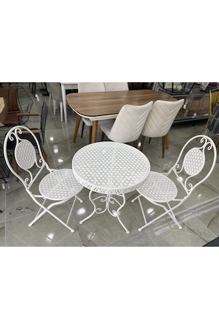 Ferforje Masa Sandalye Balkon Takımı Beyaz 1 Masa 2 Sandalye 60cm