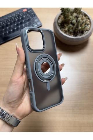 Apple iPhone Uyumlu 16 Pro Standlı Ve Yüzüklü Magsafe Kılıf Soocase721 Gri