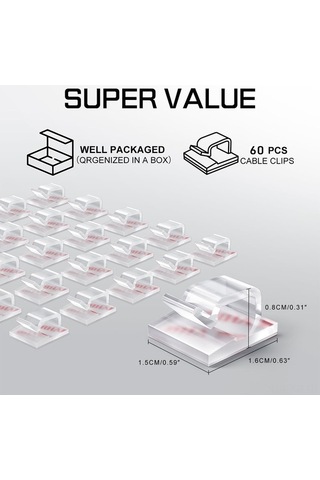 Fortunelane 60 Adet Kablo Düzenleyici Klipsi - Çift Taraflı Yapışkan, Ev/ofis Dekorasyonu İçin