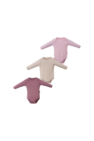 Desenli Uzun Kol Üçlü Body Set Pembe