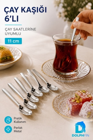 6 Lı Paslanmaz Çelik Çay Kaşığı Seti 11 Cm İnce Yassı Saplı Parlak Metal Kaşık Metalik