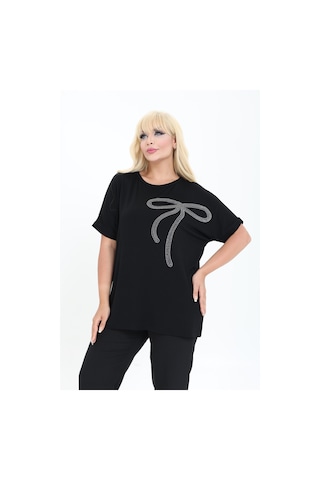 Kurdele Tasarım Taş Detaylı Bambu Yarasa Kol Bluz M-6xl Siyah