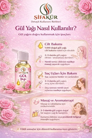Şifakür %100 Saf Doğal Gül Yağı Damlalıklı Cilt Saç Masaj Bakımı 20ml