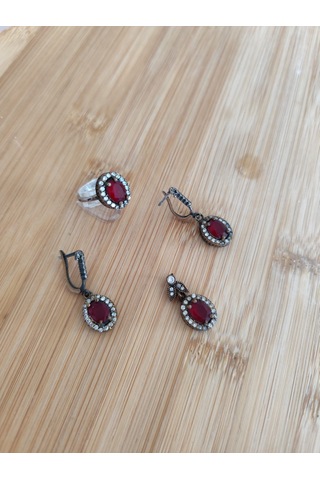 Yakut Taşlı Ve Zirkon Süslemeli Gümüş Set Bronz