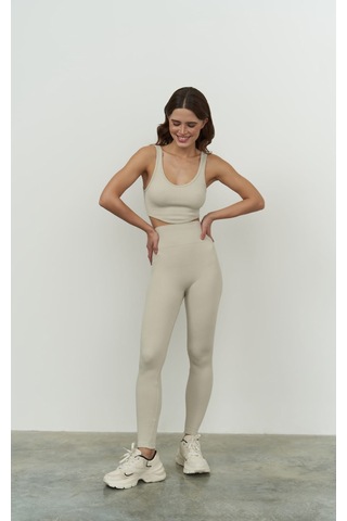 Jade Bej Dikişsiz Fitilli Tayt Bej