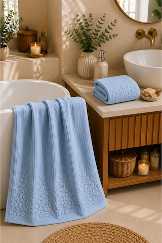 Çiçek Desenli 2 Li Banyo Havlu Seti 50 90 Baş Havlusu + 90 150 Banyo Havlusu - Mavi