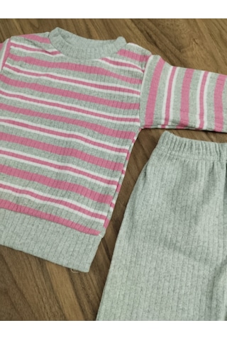 Egişbaby Kız Bebek Çizgili İkili Takım Gri - Pembe