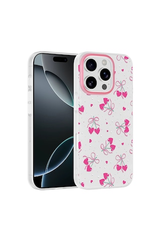Apple iPhone Uyumlu 16 Pro Max Kılıf Kamera Korumalı Desenli Zore Klip Kapak - Kalpli Kiraz -