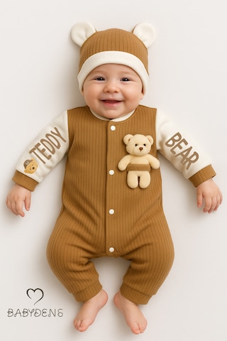 Babyden's Teddy Bear Temalı Yenidoğan Fitilli Tulum Takımı Ayıcıklı Erkek Bebek Tulum Şapka Set %100pamuk Kahverengi