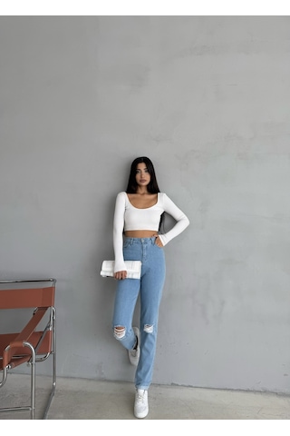 Kadın Mavi Likralı Diz Yırtmaçlı Dar Paça Jean Lazer Yırtıklı Kot Pantolon Mavi