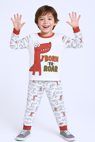 Hçm Erkek Çocuk Pijama Takımı Dinozor Baskılı Bisiklet Yaka C65 Kiremit