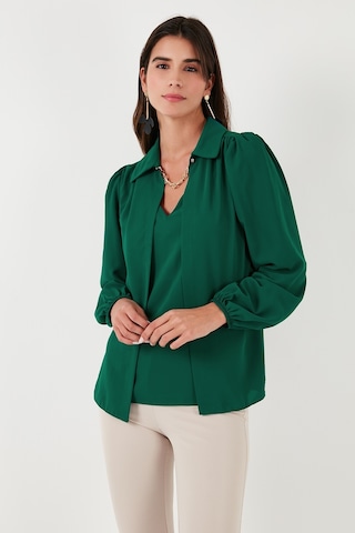 Lela Regular Fit V Yaka Balon Kol Bayan Bluz 611Bz0353 Zümrüt