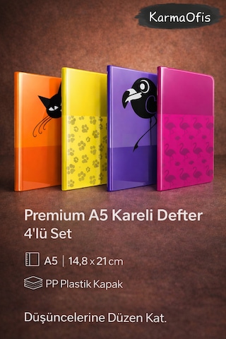 Premium A5 Kareli Defter 4 Lü Set Pp Plastik Kapak, Dayanıklı Ve Şık Tasarım