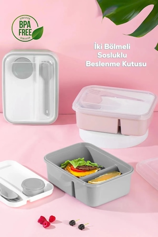 Lunch To Go Bölmeli Beslenme Kutusu Sosluk Hazneli Çatal ve Kaşıklı 920ml 40ml 14,5x20x7,4(H)cm Pudra