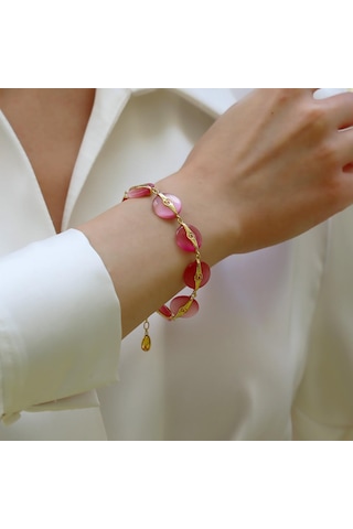 Pembe Kuvars Taşlı Gold Gümüş Bileklik Gümüş