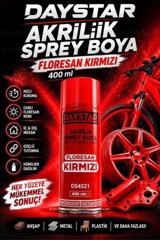 Daystar Floresan Kırmızı Akrilik Sprey Boya 400 Ml Hızlı Kuruyan Çok Amaçlı Metal, Ahşap, Plastik Çok Renkli