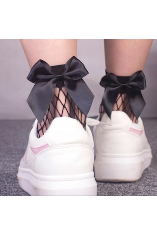 Bayan Kurdelalı Siyah File Soket Siyah