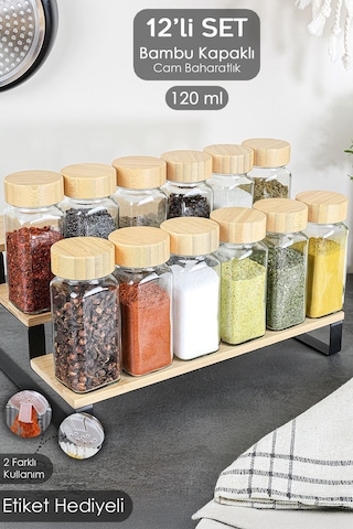 12'li Bambu Kapaklı Cam Baharatlık Seti - Etiketli Tuzluk Biberlik Köşeli Baharat Takımı 120 Ml ŞEffaf