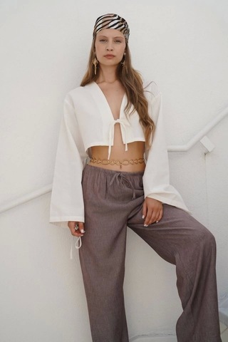 Defymoda İnce Kemerli Bağcık Detay Pantolon Kahverengi