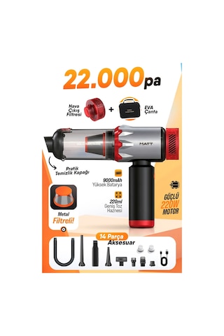 Matt Mcv22 Şarjlı Araç Süpürgesi Kırmızı 22.000pa Güçlü Vakumlu Mini El Süpürgesi Type-c Şarjlı 220m