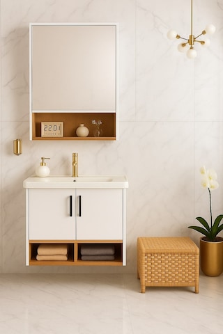 Dmz Home Concept Legna 65 Cm Banyo Dolabı Takımı Beyaz & Ahşap Mdf Seramik Lavabolu Alt Ve Üst Dolap