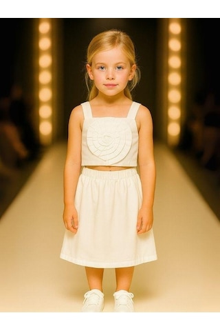 Kız Çocuk Crop Dokuma Çiçekli Etek Takım-15966 Beyaz