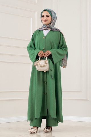 Sevitli Düğmeli Davin Abaya İkili Takım-yeşil-5980