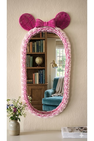 Rattan Pembe Fiyonklu Mickey Mouse Ayna