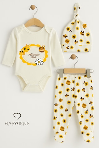 Babyden's Abisinin Balı Baskılı Yenidoğan Bebek Takımı 3 Lü Set Pamuklu Uzun Kol Zıbın, Patikli Alt Ve Şapka Unisex Ekru
