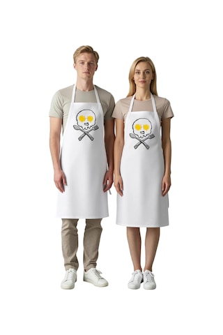 Erkek Unisex Aşçı Önlüğü Kuru Kafa Baskılı Mutfak Sanatçısı Motif Beyaz