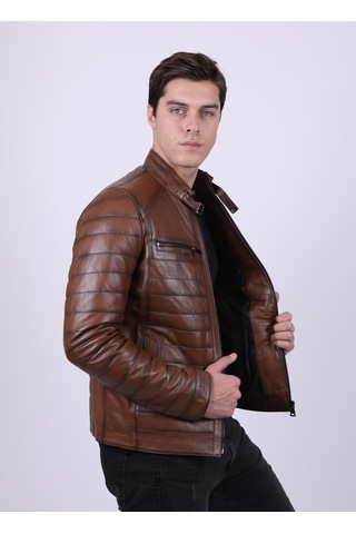 New Zaya Leather Erkek Açık Kahverengi Şişme Deri Mont Açık Kahverengi