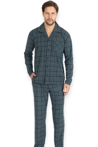 Erse Önden Düğmeli Uzun Kol Termal Pijama Takımı Kareli Haki