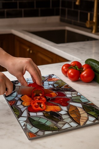 Makri Home Çiçek Desenli Cam, Kesme Tahtası, 25 35 Cm Çok Renkli