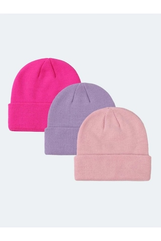 Eke Tekstil Unisex Katlamalı 3'lü Bere Seti Fuşya - Lila - Pembe