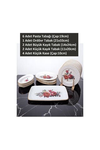 15 Parça 6 Kişilik Seramik Kahvaltı Pasta Sunum Tabağı Takımı - Kırmızı Çiçekli Çok Renkli